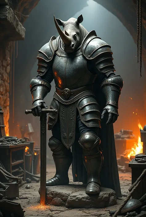  A medieval knight with his armor,  with the head of a rhinoceros,  centered on a rock , in a medieval workshop ,  sharpening his sword with one hand , close up, something realistic, Dark fantasy style 