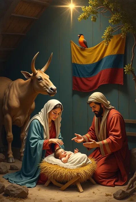  I need to recreate the birth of the baby Jesus.  Along with Maria and Jose , the mule and the ox ,  El Cardenalito , the Turpial , El Araguaney ,   and the Venezuelan flag 