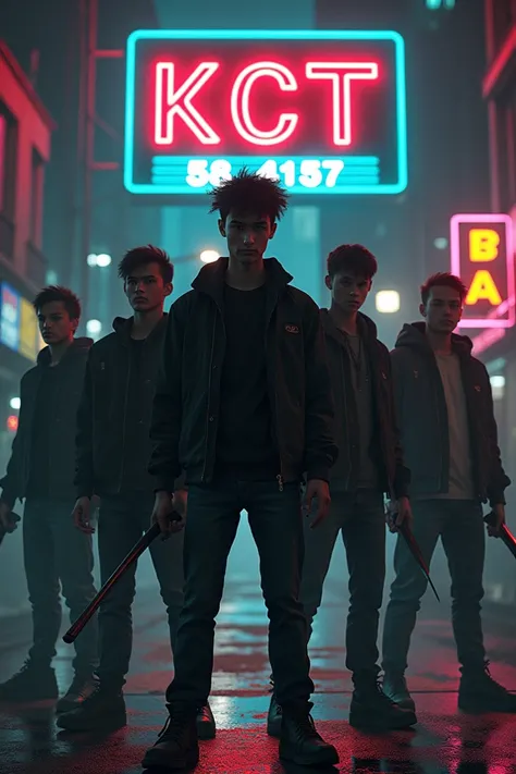 Group of angry ghetto youths holdings knives and clubs standing together in a dark scary street behind them theres a big neon red sign written "KCT" with numbers "58" and "4157" 