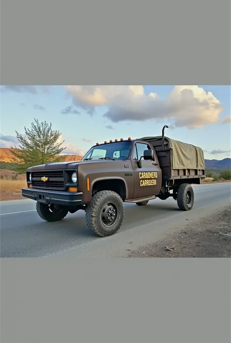 New 2025 year  Chevrolet C350 military light truck, finished in a rich, dark brown patina, with the bold, golden letters "CARABINERO" emblazoned on the doors, proudly showcasing its former service. The trucks rugged, off-road tires are caked with dirt and ...