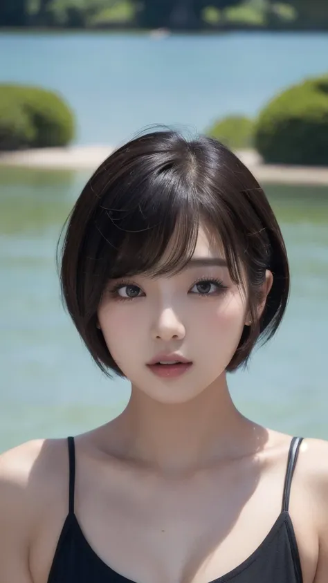 (( Extreme Close Up))25 years old women 、(Butt sticking out pose)、(turned around)、、Parks with lakes、、(Short Hair)(( serious expressions))(Exotic Makeup)(黒いワンピース)