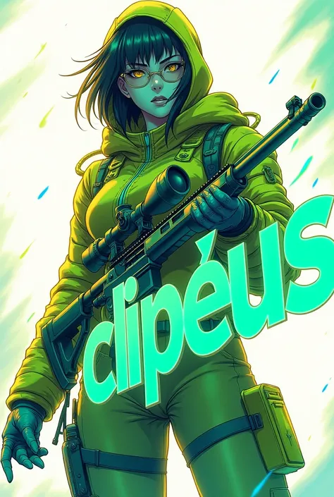 Un sniper de couleurs vert et bleu fluorescent. Avec CLIPÉUS en texte juste devant. Fond blanc légèrement doré, pétant et imposant. Dans le thème animé/ manga
