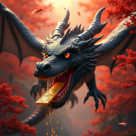 flying shiny black dragon and mahjong tile on his mouth in the red forest with gold raining