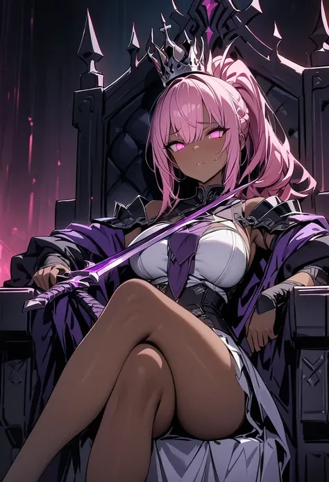 masterpiece, best quality, 1 girl, Dark king , pink hair ,dark skin, glowing pink eyes,  ponytail, laying on throne , crossed legs, black and purple sword in ground beside the thronewith crown on top of sword, 