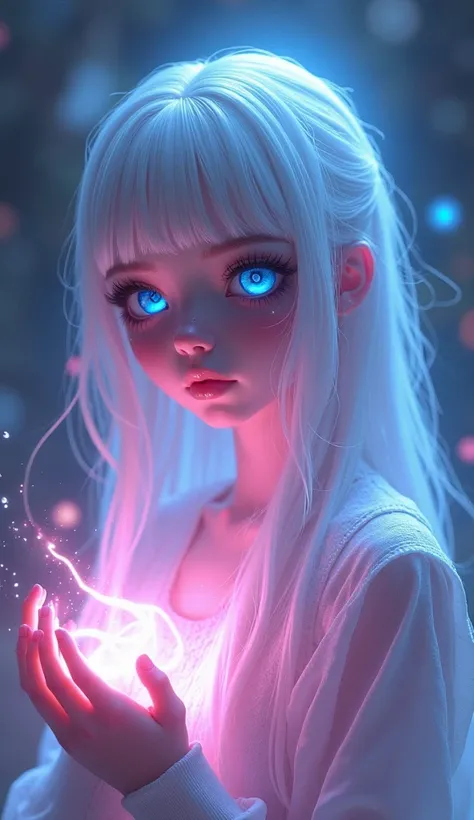 full doby A very beautiful girl with white hair and blue eyes, and her eyes radiating a blue aura, doing magic and her body covered with a pink aura