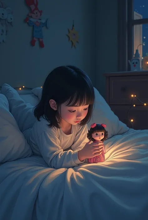 Picture in drawing, The same girl in the previous image in her bed with a little doll and let it be night