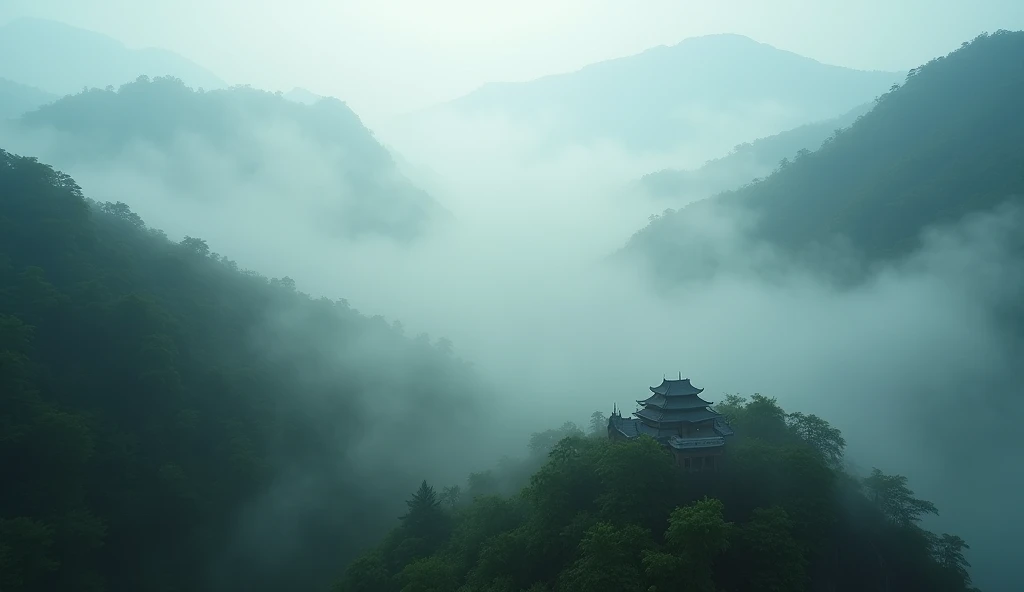 "A cinematic depiction of mist-covered mountains in Vietnam, with a small, ancient village partially visible through the fog. The scene is illuminated by soft natural light, creating a tranquil yet mysterious ambiance. The forested mountains surround the v...