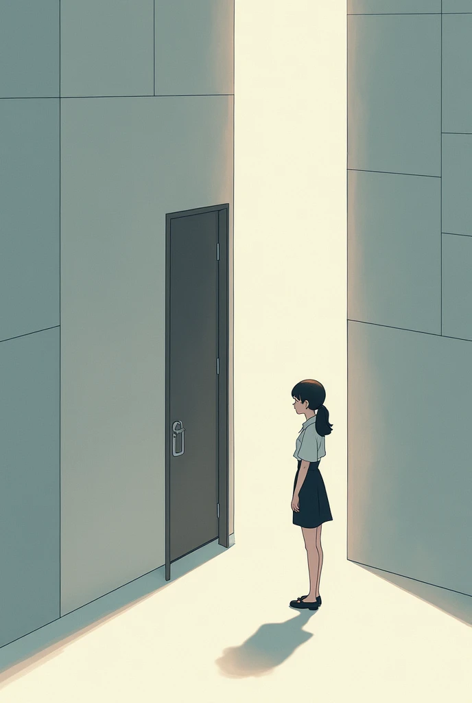  girl looking at a modern door in the current era 