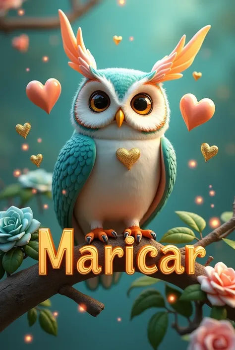 A captivating 3D render of a charming and enchanting colorful owl, exuding magical charm. The owl is adorned with a delicate teallrose theme and perches
gracefully on the name "Maricar"written in large, golden 3D letters. Gold accents enhance the owls eleg...