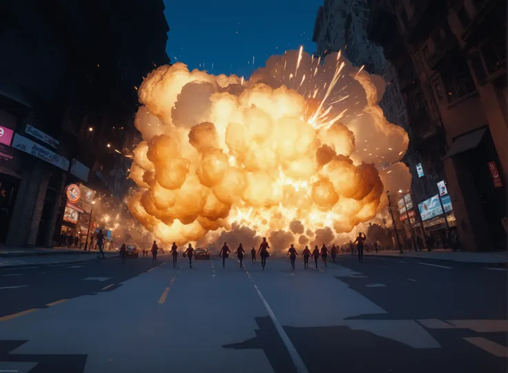 Looking up, the camera is close to the ground, a street scene with explosions, bright flames, a ball of explosions in the middle of the road, a realistic large explosion scene, an explosion mushroom cloud, sparks flying, (realistic sparks), war explosions,...