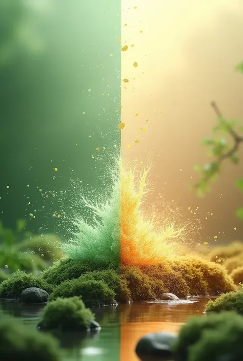 particles before and after the animated reaction and green with beige