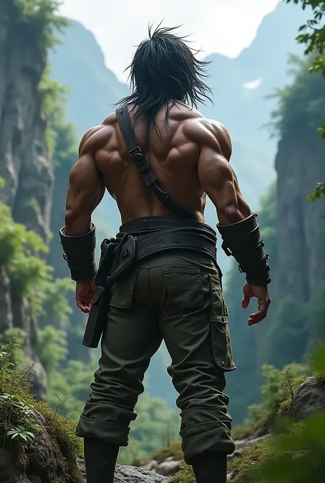 Balck hairs and messy hair style and make him show his back and forest is mountaineous not that long hairs please and his clothes should look like he is the strongest hero 