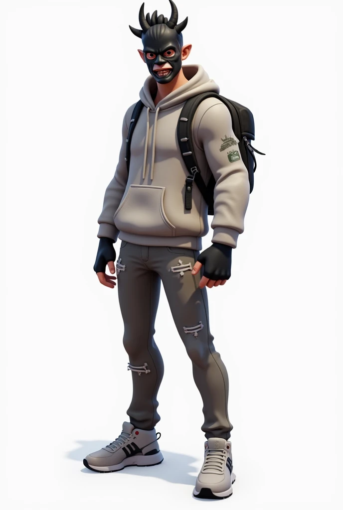  Avatar male with sweatshirt , neutral jeans and sneakers .  Backpack and dark colored hair in Fornite style. fondo blanco,  High Definition ,  top quality ,  full body . With an oni mask