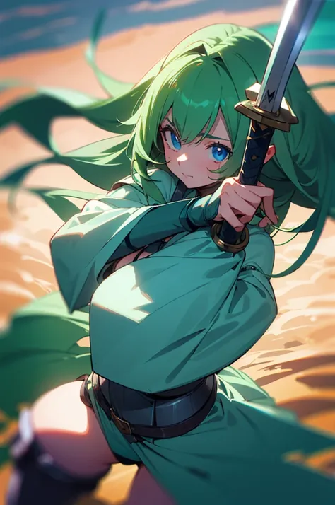 Create a cute  girl with long green hair and blue eyes wearing bikini armor and a sword in her right hand