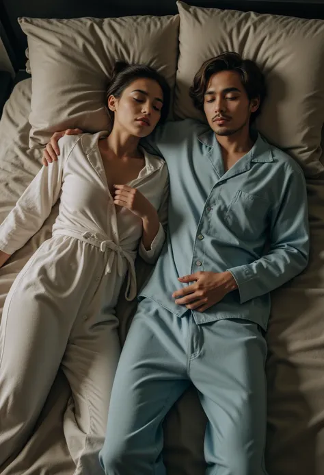 high-angle photo wide shot looking down from above of a Indonesian man and a indonesian woman, wearing sleepwear, side by side sleeping on top of a bed, look at the viewer, 