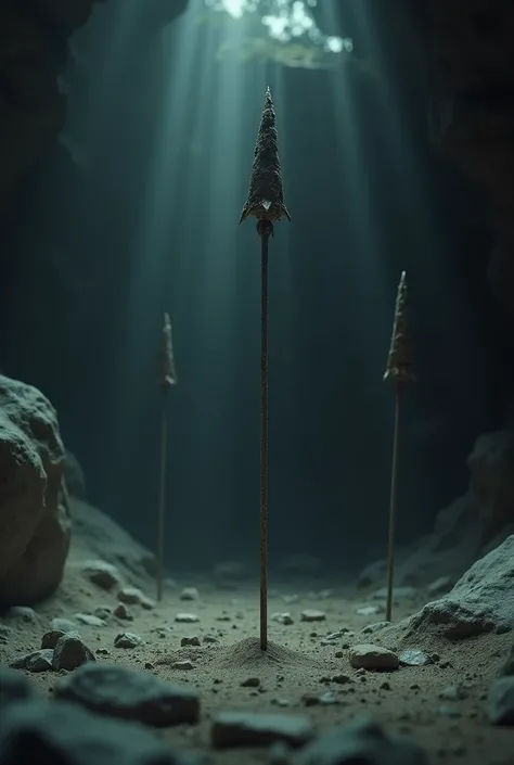 Skewers peeking out of the ground in a dark and dark cave with no one, only the scenario