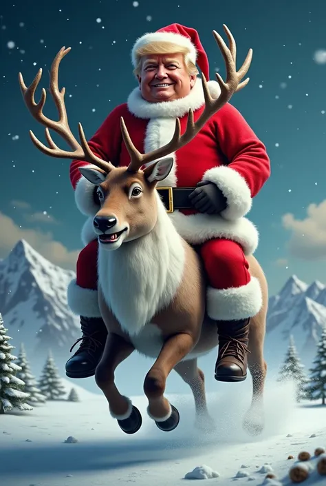 Donald Trump riding a reindeer while wearing a Santa costume