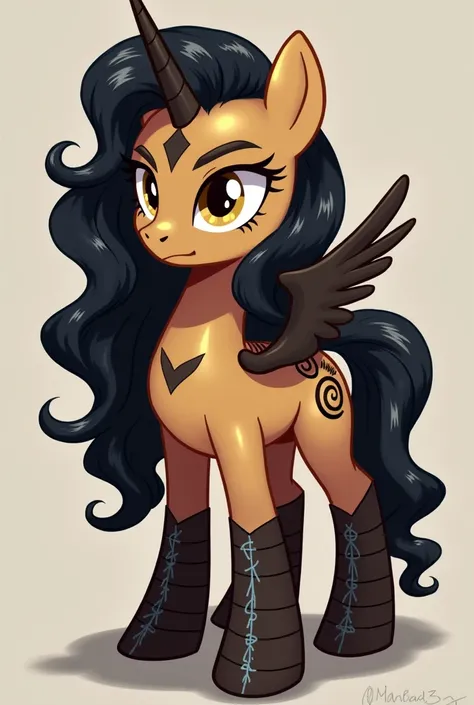 a pony ,   style my little pony ,  an adult ,   tan skin and that her hair is wavy and long black that shines and moves by itself,   brown eyes and who has black spiral-shaped marks on her body ,  She wears black bandages with small blue symbols and that h...