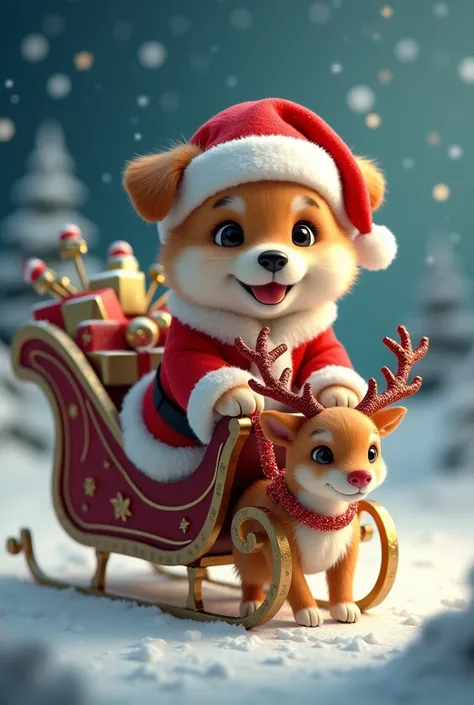 Santa Claus is a cute puppy riding a sleigh drawn by a reindeer