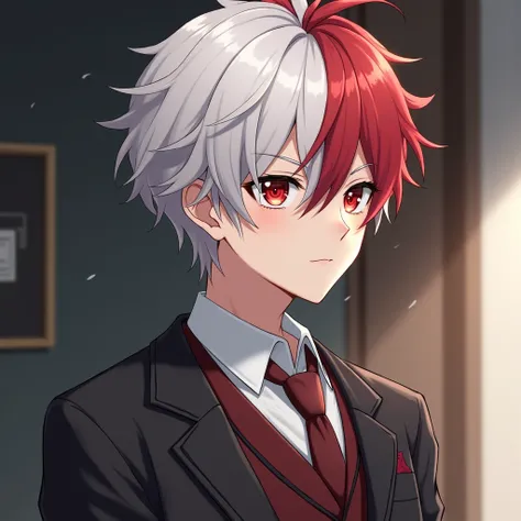  Kaedehara Kazuha (man),  white hair,  lock of red hair, Ojos rojos, with teacher clothes 