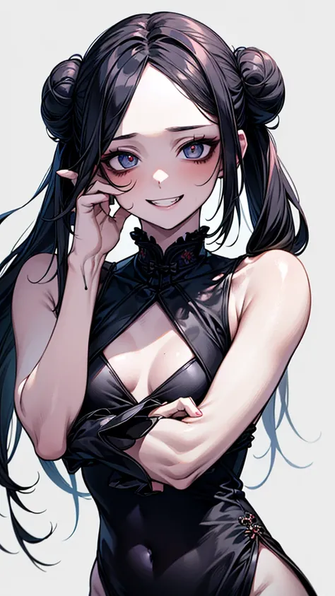 (Masterpiece:1.2, top quality), (live action, exquisite detail), (anatomically correct), (one girl, small breasts, evil eyes, scary atmosphere, goth black qipao, distorted expression, evil smile, upper body, bun twintails, double bun, black hair, (dark cir...