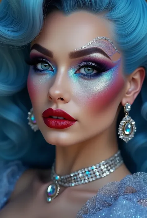 close-up a fantastic myth beautiful drag-queen, whose face is made up luxury fantastic style, details chubby face beautiful and graceful and dazzling with flawless bold makeup (holographic glossy red thick full lips, dark blue eyeballs, holographic blue sh...