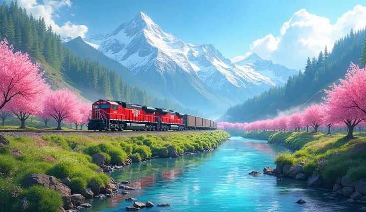 A scenic countryside landscape with a red freight train traveling alongside a serene turquoise river. Cherry blossom trees in full bloom line the banks, their pink petals complementing the lush green grass. Majestic snow-capped mountains rise in the backgr...