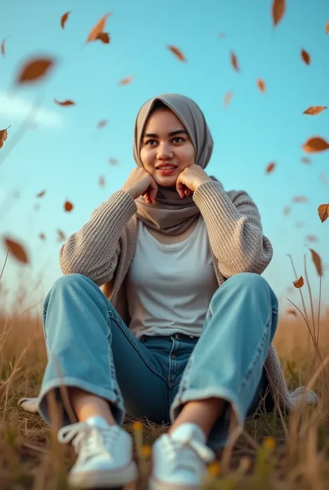 High detail photography showing an asian woman in hijab, wearing a t-shirt and knit cardigan, cargo jeans and sneakers, sitting on the ground with her legs spread, leaning back with her hands supporting her body, looking into the camera, she is sitting in ...