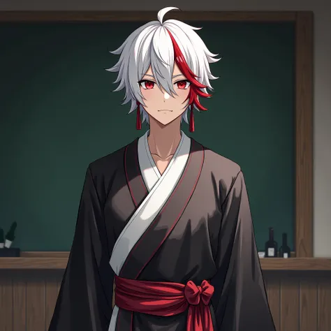  Kaedehara Kazuha (man),  white hair,  lock of red hair, Ojos rojos, with teacher clothes , in front of a blackboard