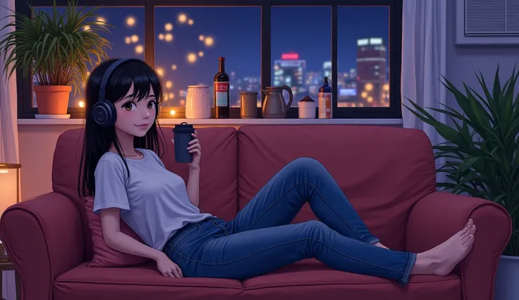 Image of the lyrics below「chill night」 、Woman listening to music with headphones、90s city pop style art illustration、Pull composition、Trending Fashion、Comfortable rooms、 comfortable sofa 、Comfortable lighting 、Relaxing while drinking coffee 、night、Makoto S...