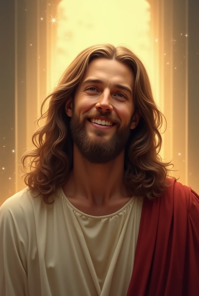 Jesus with long hair and beard and smiling and light shining background 