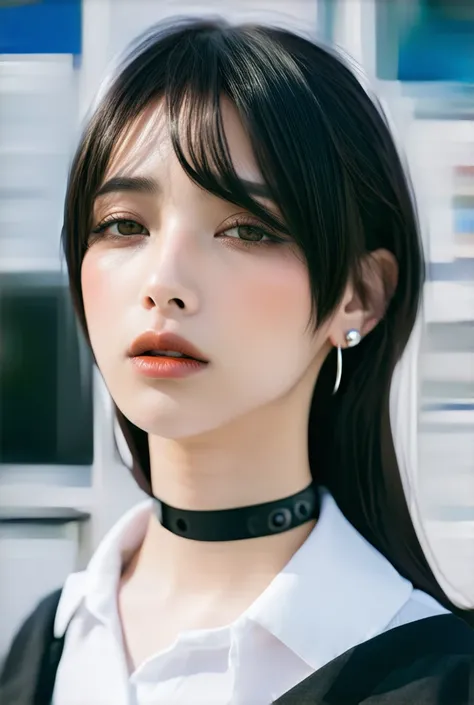  beautiful 18 year old female K-pop star 、 partially dyed black hair 、blunt bangs、 silver earrings and black choker、Attractive makeup、 Street Fashion、Ultra High Definition Portraits、 HIGH DEFINITION SKIN TEXTURE 、Natural angles 