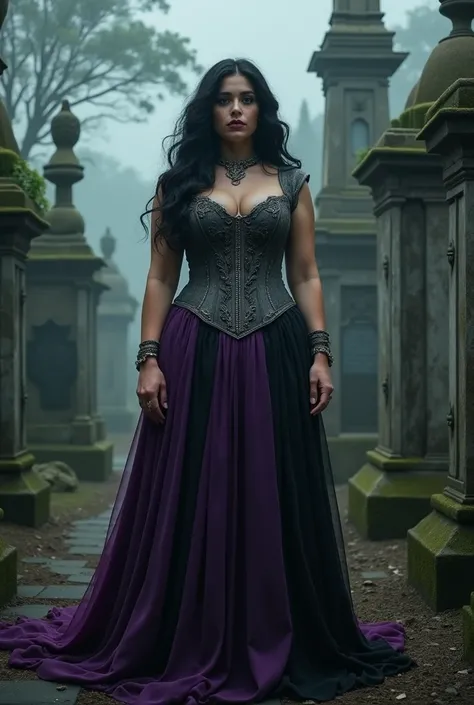 create an image of a Brazilian woman wearing a sleeveless purple and gray corset, Purple and black skirt , white pele,  long black hair ,  50-year-old look ,  with a full body, At the cemetery cruise 