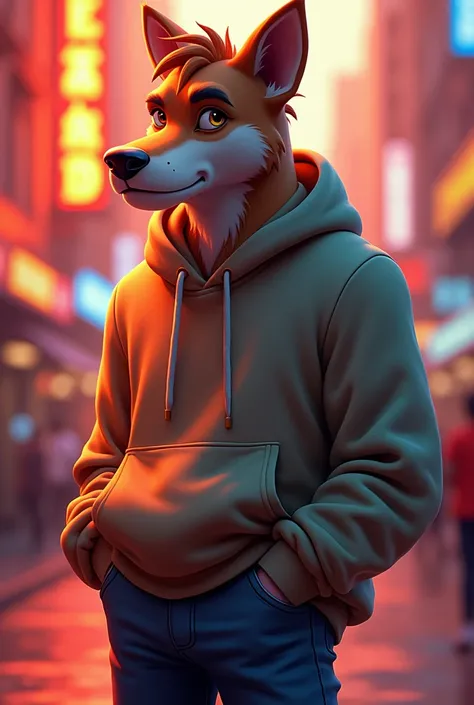 " An anthropomorphic dog known as Uncle Chill ,  with a relaxed but confident posture .  He wears a casual sweater and modern pants ,  with hands in pockets .  His expression reflects an unwavering tranquility and a faint smile , symbolizing calm and seren...