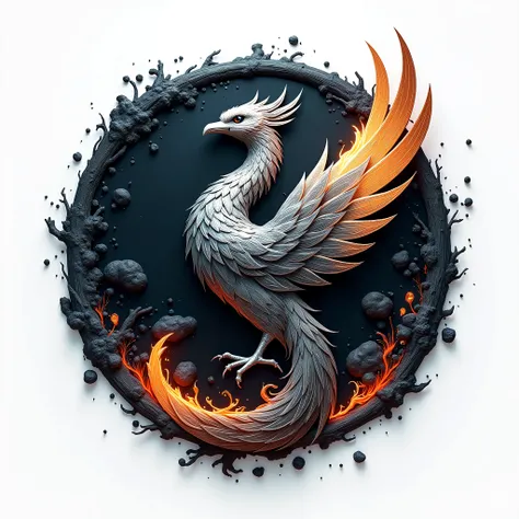 Logotipo profesional ,  circular shape and sticker shape  , Simple and modern,  In the background chaos of water and fire flat and thick  , As the protagonist of the logo a metallic Phoenix with royal expression , with a beautiful and bright plumage  ( gra...