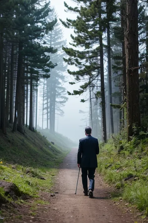 A man in a dark older suit is walking down a dark forest path. There is a low mist swirling through the trees. The sky is black. It is cold and damp. The mans face is obscured by a cloth mask.