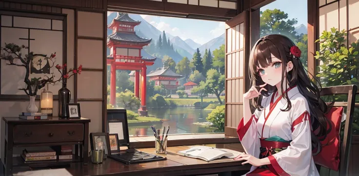 Create a computer wallpaper with an oriental Japanese garden and landscape style. It should present colors such as black and red. Includes one an anime-style girl with these features: dark brown hair and eyes, long wavy hair, and she must have a small brow...