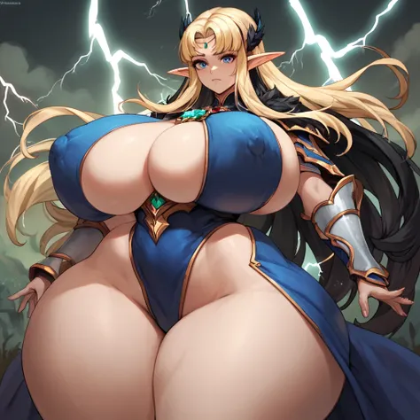 score_9, score_8_up, score_7_up, score_6_up, score_5_up, score_4_up, source_furry, by yboon, cowboy shot BREAK 1girl, fantasy clothing, huge breasts, massive butt, massive hips, huge boobs, massive boobs, huge butt, elf, lightning, blonde hair, black hair ...