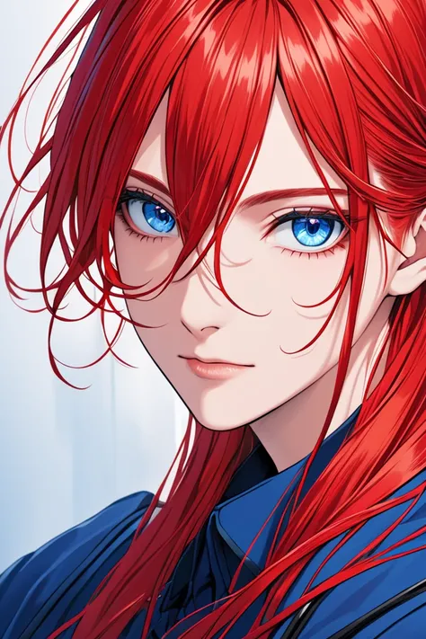 red hair is long,  blue eyes