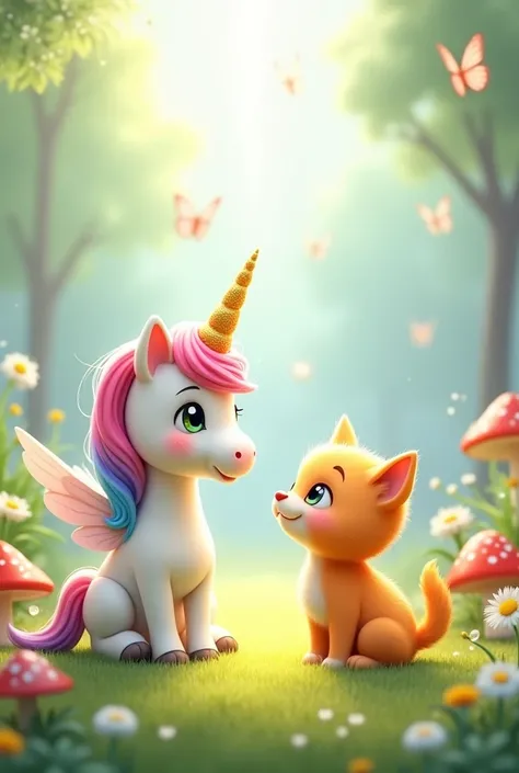 A cute cartoon orange tabby kitten sits next to a friendly, white unicorn with rainbow-colored mane and tail.  The unicorn has sparkly wings and a single horn. Both animals are positioned in the mid-ground, looking directly at the viewer.  The kitten faces...