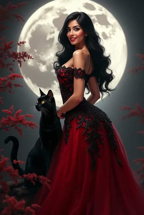 A beautiful and smiling woman ,  long hair and black,  a brunette in a red and black dress, a black cat by her side ,  a full moon and a cabaret . 