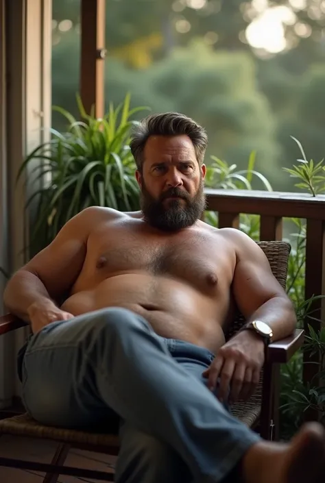 ben affleck, with beard, smoking on a seated balcony, shirtless, chubby