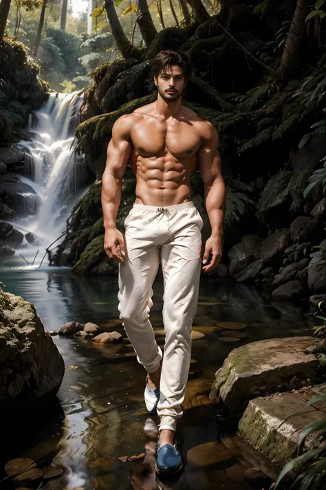 (face: Mariano di vaio), Full Body (masterpiece),(bestquality:1.0), (ultra highres:1.0), detailed illustration, 10, Handsome Boy,musculine shirtless, cream colored underwear,,Sir Young,handsome,28yo,Fine Skin,blue eyes. Forest waterfalls