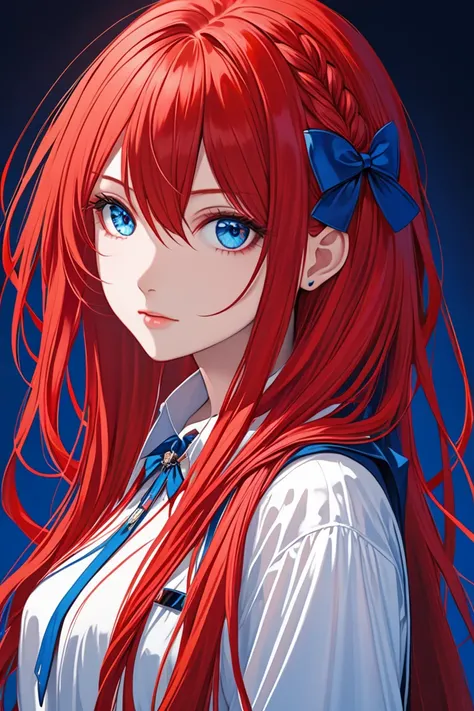 red hair is long,  blue eyes,  girl 