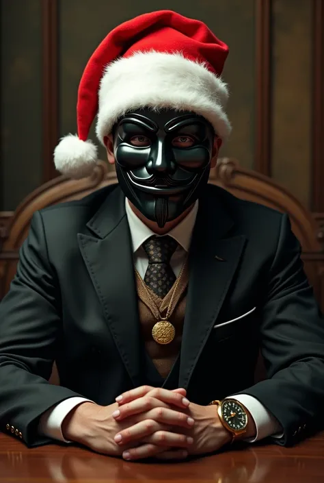 Make a man with a Christmas hat and a gold cord written on his chest written vetz this man is wearing a suit and mask from the movie V of Vengeance and this man is sitting at a table
