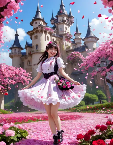 Rain of petals, petals dancing in the wind, rose flower. Adorable and cute girl, short gothic lolita outfit, twirling happily, lifting skirt hem with hand, laughing happily, partially visible panties, vibrant colors, Shangri-La setting, fairy tale, castle ...