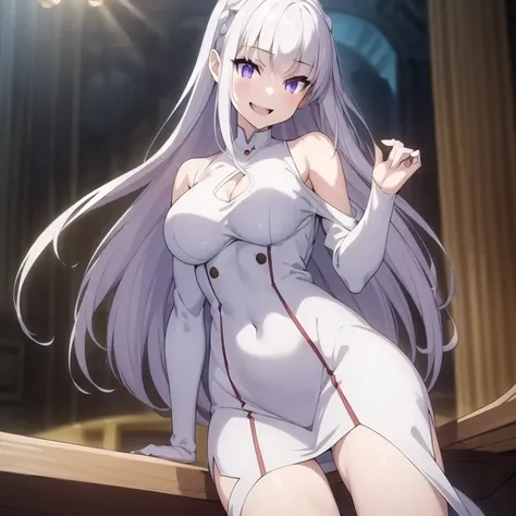 (masterpiece:1.2,  best quality:1.2),  1 girl ,  unique , White hair, Long straight hairstyle, Dark purple eyes, bad smile,  white clothes , breast, White socks