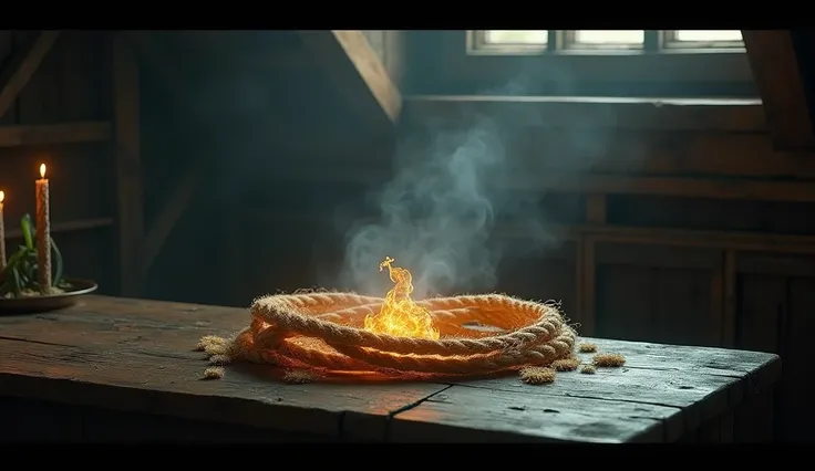 "A mystical scene showing the ancient rope resting on a wooden table in a dimly lit, rustic wooden cabin. The rope, frayed yet unbreakable, glows softly, radiating an energy that feels alive. The light emanating from the rope casts eerie, shifting shadows ...