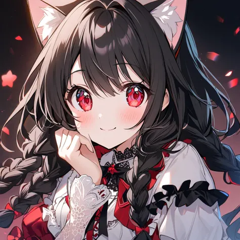  1 girl ,  cute、 pretty girl、 cuteゆるふあ、 long hair,  black hair,  smiles, white　、Sagittarius Braids , white髪, Cat ears, Red eyes,  Gradation Colored Eyes,  Gradation Colored Eyes, Lolita　Lace pattern