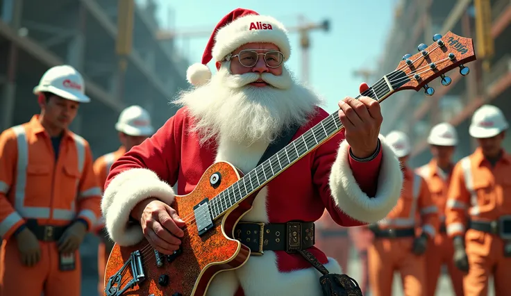 surreal in futuristic Rocker Father Christmas with guitar surrounding by asian builder wearing a white safety hat with Alisa Construction writing